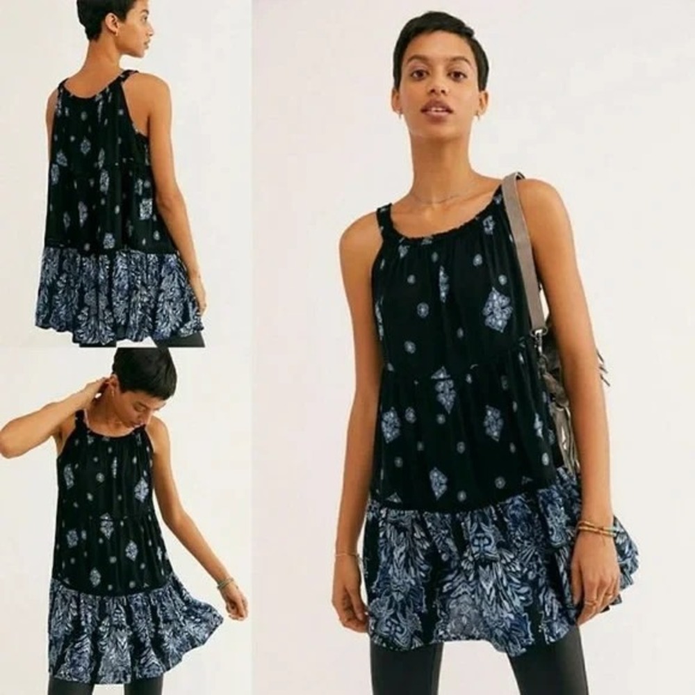 Free People Talk To Me Trapeze Dress Womens XS Black Blue Smocked Mini Boho NWT